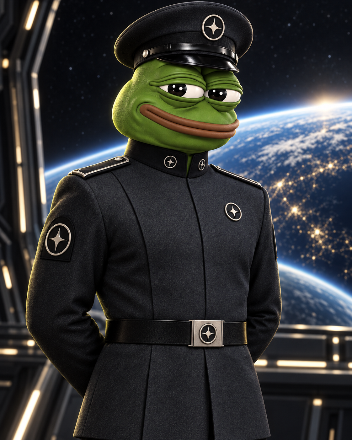 A deadpan green frog in a charcoal space-officer uniform with fictional orbit insignia, with Earth behind him.